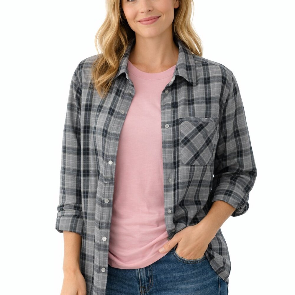 TOUGH GEAR VINTAGE FLANNEL SHIRT, BLACK/GRAY PLAID MEN SIZE LARGE